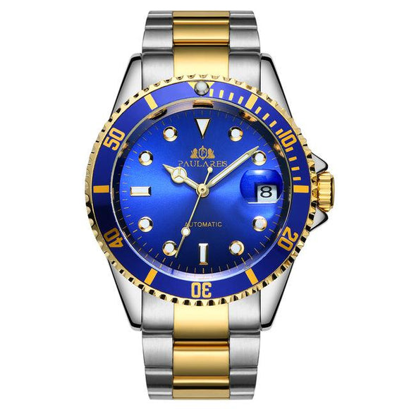 Men's 14k Gold & Stainless Steel Submariner Style Watch - Blue Face